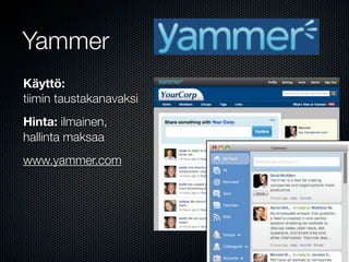 Yammer
Käyttö:
tiimin taustakanavaksi
Hinta: ilmainen,
hallinta maksaa
www.yammer.com
 