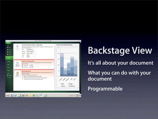 Backstage View
It’s all about your document
What you can do with your
document
Programmable
 