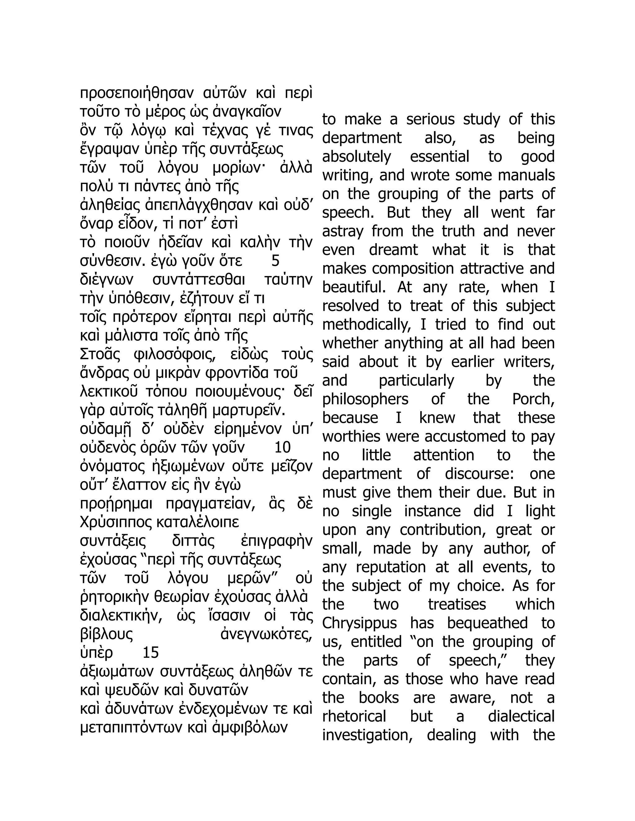 προσεποιήθησαν αὐτῶν καὶ περὶ
τοῦτο τὸ μέρος ὡς ἀναγκαῖον
ὂν τῷ λόγῳ καὶ τέχνας γέ τινας
ἔγραψαν ὑπὲρ τῆς συντάξεως
τῶν τοῦ λόγου μορίων· ἀλλὰ
πολύ τι πάντες ἀπὸ τῆς
ἀληθείας ἀπεπλάγχθησαν καὶ οὐδ’
ὄναρ εἶδον, τί ποτ’ ἐστὶ
τὸ ποιοῦν ἡδεῖαν καὶ καλὴν τὴν
σύνθεσιν. ἐγὼ γοῦν ὅτε 5
διέγνων συντάττεσθαι ταύτην
τὴν ὑπόθεσιν, ἐζήτουν εἴ τι
τοῖς πρότερον εἴρηται περὶ αὐτῆς
καὶ μάλιστα τοῖς ἀπὸ τῆς
Στοᾶς φιλοσόφοις, εἰδὼς τοὺς
ἄνδρας οὐ μικρὰν φροντίδα τοῦ
λεκτικοῦ τόπου ποιουμένους· δεῖ
γὰρ αὐτοῖς τἀληθῆ μαρτυρεῖν.
οὐδαμῇ δ’ οὐδὲν εἰρημένον ὑπ’
οὐδενὸς ὁρῶν τῶν γοῦν 10
ὀνόματος ἠξιωμένων οὔτε μεῖζον
οὔτ’ ἔλαττον εἰς ἣν ἐγὼ
προῄρημαι πραγματείαν, ἃς δὲ
Χρύσιππος καταλέλοιπε
συντάξεις διττὰς ἐπιγραφὴν
ἐχούσας “περὶ τῆς συντάξεως
τῶν τοῦ λόγου μερῶν” οὐ
ῥητορικὴν θεωρίαν ἐχούσας ἀλλὰ
διαλεκτικήν, ὡς ἴσασιν οἱ τὰς
βίβλους ἀνεγνωκότες,
ὑπὲρ 15
ἀξιωμάτων συντάξεως ἀληθῶν τε
καὶ ψευδῶν καὶ δυνατῶν
καὶ ἀδυνάτων ἐνδεχομένων τε καὶ
μεταπιπτόντων καὶ ἀμφιβόλων
to make a serious study of this
department also, as being
absolutely essential to good
writing, and wrote some manuals
on the grouping of the parts of
speech. But they all went far
astray from the truth and never
even dreamt what it is that
makes composition attractive and
beautiful. At any rate, when I
resolved to treat of this subject
methodically, I tried to find out
whether anything at all had been
said about it by earlier writers,
and particularly by the
philosophers of the Porch,
because I knew that these
worthies were accustomed to pay
no little attention to the
department of discourse: one
must give them their due. But in
no single instance did I light
upon any contribution, great or
small, made by any author, of
any reputation at all events, to
the subject of my choice. As for
the two treatises which
Chrysippus has bequeathed to
us, entitled “on the grouping of
the parts of speech,” they
contain, as those who have read
the books are aware, not a
rhetorical but a dialectical
investigation, dealing with the
 