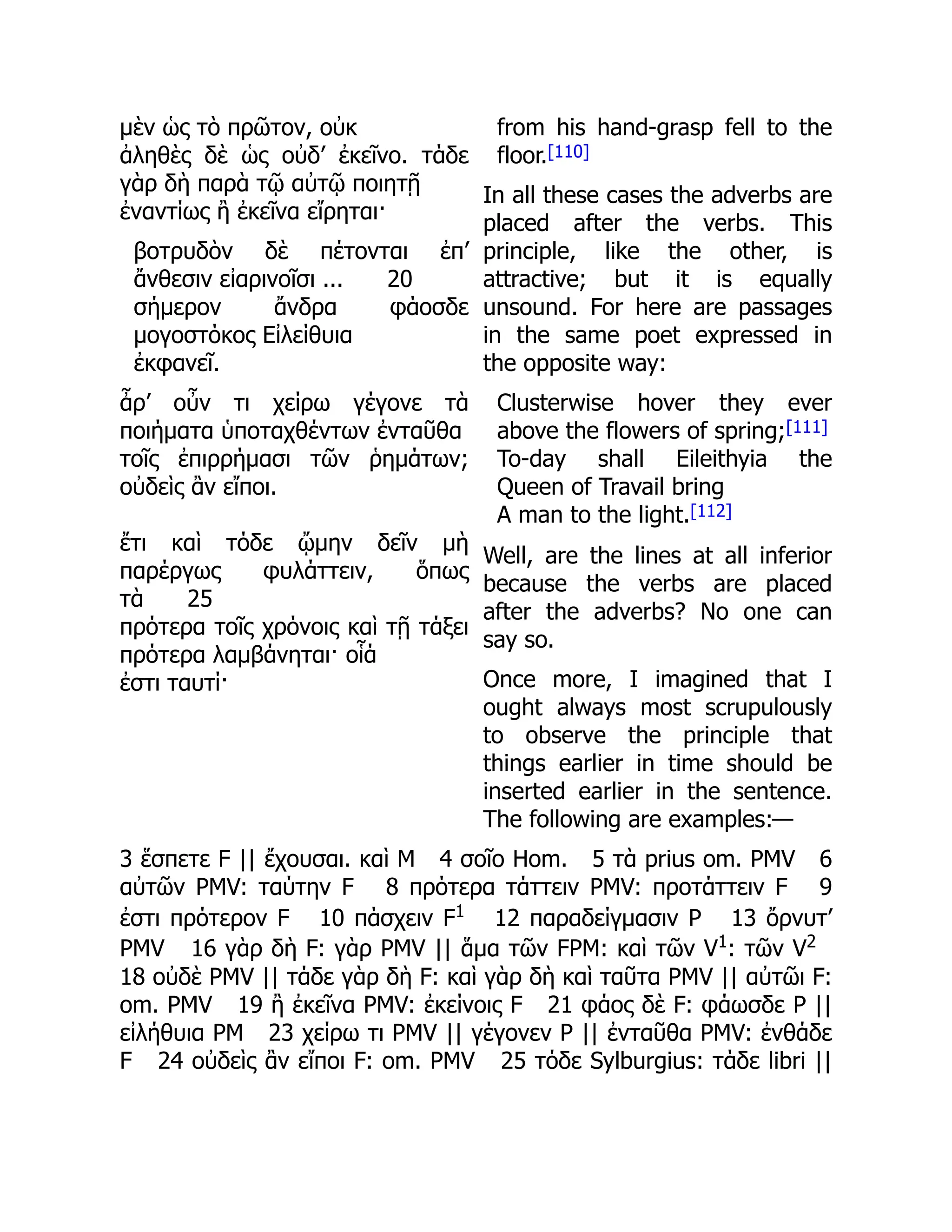 μὲν ὡς τὸ πρῶτον, οὐκ
ἀληθὲς δὲ ὡς οὐδ’ ἐκεῖνο. τάδε
γὰρ δὴ παρὰ τῷ αὐτῷ ποιητῇ
ἐναντίως ἢ ἐκεῖνα εἴρηται·
βοτρυδὸν δὲ πέτονται ἐπ’
ἄνθεσιν εἰαρινοῖσι ... 20
σήμερον ἄνδρα φάοσδε
μογοστόκος Εἰλείθυια
ἐκφανεῖ.
ἆρ’ οὖν τι χείρω γέγονε τὰ
ποιήματα ὑποταχθέντων ἐνταῦθα
τοῖς ἐπιρρήμασι τῶν ῥημάτων;
οὐδεὶς ἂν εἴποι.
ἔτι καὶ τόδε ᾤμην δεῖν μὴ
παρέργως φυλάττειν, ὅπως
τὰ 25
πρότερα τοῖς χρόνοις καὶ τῇ τάξει
πρότερα λαμβάνηται· οἷά
ἐστι ταυτί·
from his hand-grasp fell to the
floor.[110]
In all these cases the adverbs are
placed after the verbs. This
principle, like the other, is
attractive; but it is equally
unsound. For here are passages
in the same poet expressed in
the opposite way:
Clusterwise hover they ever
above the flowers of spring;[111]
To-day shall Eileithyia the
Queen of Travail bring
A man to the light.[112]
Well, are the lines at all inferior
because the verbs are placed
after the adverbs? No one can
say so.
Once more, I imagined that I
ought always most scrupulously
to observe the principle that
things earlier in time should be
inserted earlier in the sentence.
The following are examples:—
3 ἕσπετε F || ἔχουσαι. καὶ M 4 σοῖο Hom. 5 τὰ prius om. PMV 6
αὐτῶν PMV: ταύτην F 8 πρότερα τάττειν PMV: προτάττειν F 9
ἐστι πρότερον F 10 πάσχειν F1
12 παραδείγμασιν P 13 ὄρνυτ’
PMV 16 γὰρ δὴ F: γὰρ PMV || ἅμα τῶν FPM: καὶ τῶν V1
: τῶν V2
18 οὐδὲ PMV || τάδε γὰρ δὴ F: καὶ γὰρ δὴ καὶ ταῦτα PMV || αὐτῶι F:
om. PMV 19 ἢ ἐκεῖνα PMV: ἐκείνοις F 21 φάος δὲ F: φάωσδε P ||
εἰλήθυια PM 23 χείρω τι PMV || γέγονεν P || ἐνταῦθα PMV: ἐνθάδε
F 24 οὐδεὶς ἂν εἴποι F: om. PMV 25 τόδε Sylburgius: τάδε libri ||
 