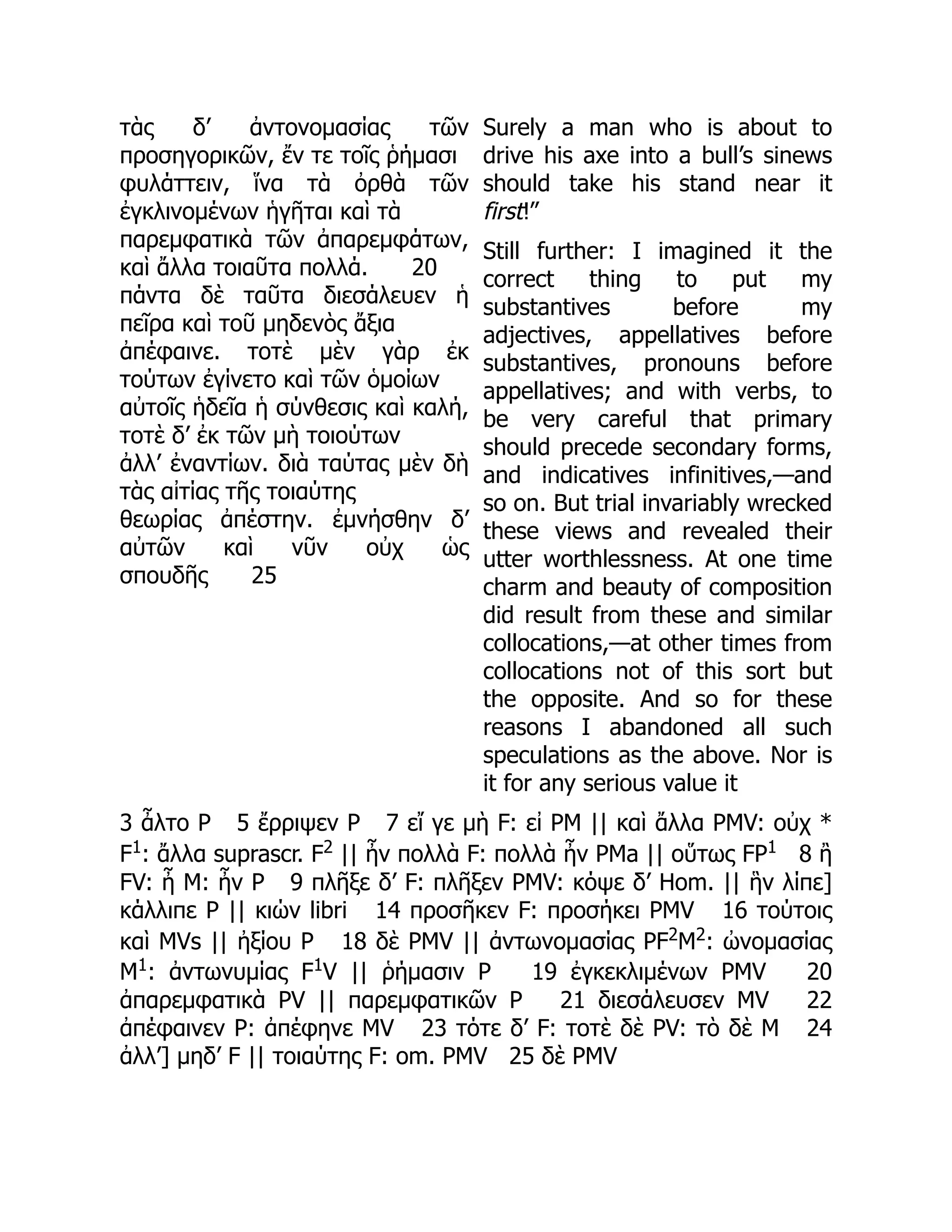 τὰς δ’ ἀντονομασίας τῶν
προσηγορικῶν, ἔν τε τοῖς ῥήμασι
φυλάττειν, ἵνα τὰ ὀρθὰ τῶν
ἐγκλινομένων ἡγῆται καὶ τὰ
παρεμφατικὰ τῶν ἀπαρεμφάτων,
καὶ ἄλλα τοιαῦτα πολλά. 20
πάντα δὲ ταῦτα διεσάλευεν ἡ
πεῖρα καὶ τοῦ μηδενὸς ἄξια
ἀπέφαινε. τοτὲ μὲν γὰρ ἐκ
τούτων ἐγίνετο καὶ τῶν ὁμοίων
αὐτοῖς ἡδεῖα ἡ σύνθεσις καὶ καλή,
τοτὲ δ’ ἐκ τῶν μὴ τοιούτων
ἀλλ’ ἐναντίων. διὰ ταύτας μὲν δὴ
τὰς αἰτίας τῆς τοιαύτης
θεωρίας ἀπέστην. ἐμνήσθην δ’
αὐτῶν καὶ νῦν οὐχ ὡς
σπουδῆς 25
Surely a man who is about to
drive his axe into a bull’s sinews
should take his stand near it
first!”
Still further: I imagined it the
correct thing to put my
substantives before my
adjectives, appellatives before
substantives, pronouns before
appellatives; and with verbs, to
be very careful that primary
should precede secondary forms,
and indicatives infinitives,—and
so on. But trial invariably wrecked
these views and revealed their
utter worthlessness. At one time
charm and beauty of composition
did result from these and similar
collocations,—at other times from
collocations not of this sort but
the opposite. And so for these
reasons I abandoned all such
speculations as the above. Nor is
it for any serious value it
3 ἆλτο P 5 ἔρριψεν P 7 εἴ γε μὴ F: εἰ PM || καὶ ἄλλα PMV: οὐχ *
F1
: ἄλλα suprascr. F2
|| ἦν πολλὰ F: πολλὰ ἦν PMa || οὕτως FP1
8 ἢ
FV: ἦ M: ἦν P 9 πλῆξε δ’ F: πλῆξεν PMV: κόψε δ’ Hom. || ἣν λίπε]
κάλλιπε P || κιών libri 14 προσῆκεν F: προσήκει PMV 16 τούτοις
καὶ MVs || ἠξίου P 18 δὲ PMV || ἀντωνομασίας PF2
M2
: ὠνομασίας
M1
: ἀντωνυμίας F1
V || ῥήμασιν P 19 ἐγκεκλιμένων PMV 20
ἀπαρεμφατικὰ PV || παρεμφατικῶν P 21 διεσάλευσεν MV 22
ἀπέφαινεν P: ἀπέφηνε MV 23 τότε δ’ F: τοτὲ δὲ PV: τὸ δὲ M 24
ἀλλ’] μηδ’ F || τοιαύτης F: om. PMV 25 δὲ PMV
 