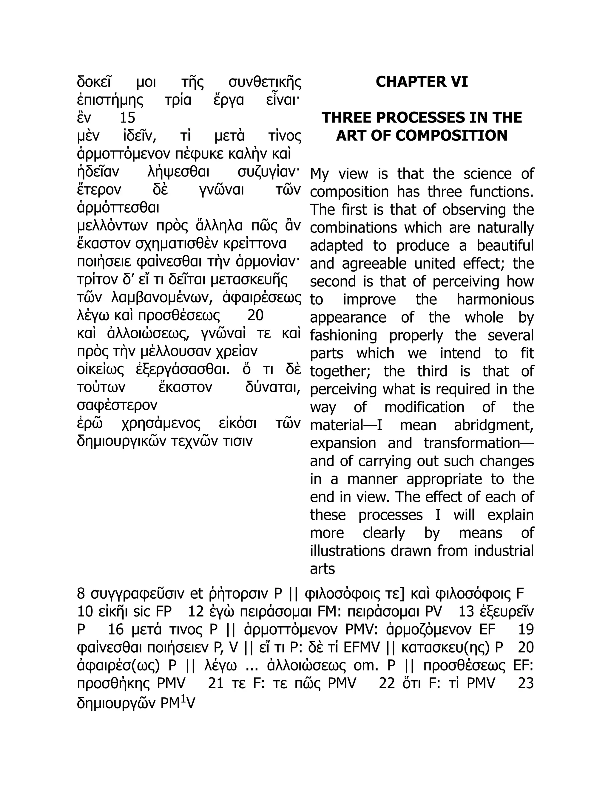 δοκεῖ μοι τῆς συνθετικῆς
ἐπιστήμης τρία ἔργα εἶναι·
ἓν 15
μὲν ἰδεῖν, τί μετὰ τίνος
ἁρμοττόμενον πέφυκε καλὴν καὶ
ἡδεῖαν λήψεσθαι συζυγίαν·
ἕτερον δὲ γνῶναι τῶν
ἁρμόττεσθαι
μελλόντων πρὸς ἄλληλα πῶς ἂν
ἕκαστον σχηματισθὲν κρείττονα
ποιήσειε φαίνεσθαι τὴν ἁρμονίαν·
τρίτον δ’ εἴ τι δεῖται μετασκευῆς
τῶν λαμβανομένων, ἀφαιρέσεως
λέγω καὶ προσθέσεως 20
καὶ ἀλλοιώσεως, γνῶναί τε καὶ
πρὸς τὴν μέλλουσαν χρείαν
οἰκείως ἐξεργάσασθαι. ὅ τι δὲ
τούτων ἕκαστον δύναται,
σαφέστερον
ἐρῶ χρησάμενος εἰκόσι τῶν
δημιουργικῶν τεχνῶν τισιν
CHAPTER VI
THREE PROCESSES IN THE
ART OF COMPOSITION
My view is that the science of
composition has three functions.
The first is that of observing the
combinations which are naturally
adapted to produce a beautiful
and agreeable united effect; the
second is that of perceiving how
to improve the harmonious
appearance of the whole by
fashioning properly the several
parts which we intend to fit
together; the third is that of
perceiving what is required in the
way of modification of the
material—I mean abridgment,
expansion and transformation—
and of carrying out such changes
in a manner appropriate to the
end in view. The effect of each of
these processes I will explain
more clearly by means of
illustrations drawn from industrial
arts
8 συγγραφεῦσιν et ῥήτορσιν P || φιλοσόφοις τε] καὶ φιλοσόφοις F
10 εἰκῆι sic FP 12 ἐγὼ πειράσομαι FM: πειράσομαι PV 13 ἐξευρεῖν
P 16 μετά τινος P || ἁρμοττόμενον PMV: ἁρμοζόμενον EF 19
φαίνεσθαι ποιήσειεν P, V || εἴ τι P: δὲ τί EFMV || κατασκευ(ης) P 20
ἀφαιρέσ(ως) P || λέγω ... ἀλλοιώσεως om. P || προσθέσεως EF:
προσθήκης PMV 21 τε F: τε πῶς PMV 22 ὅτι F: τί PMV 23
δημιουργῶν PM1
V
 