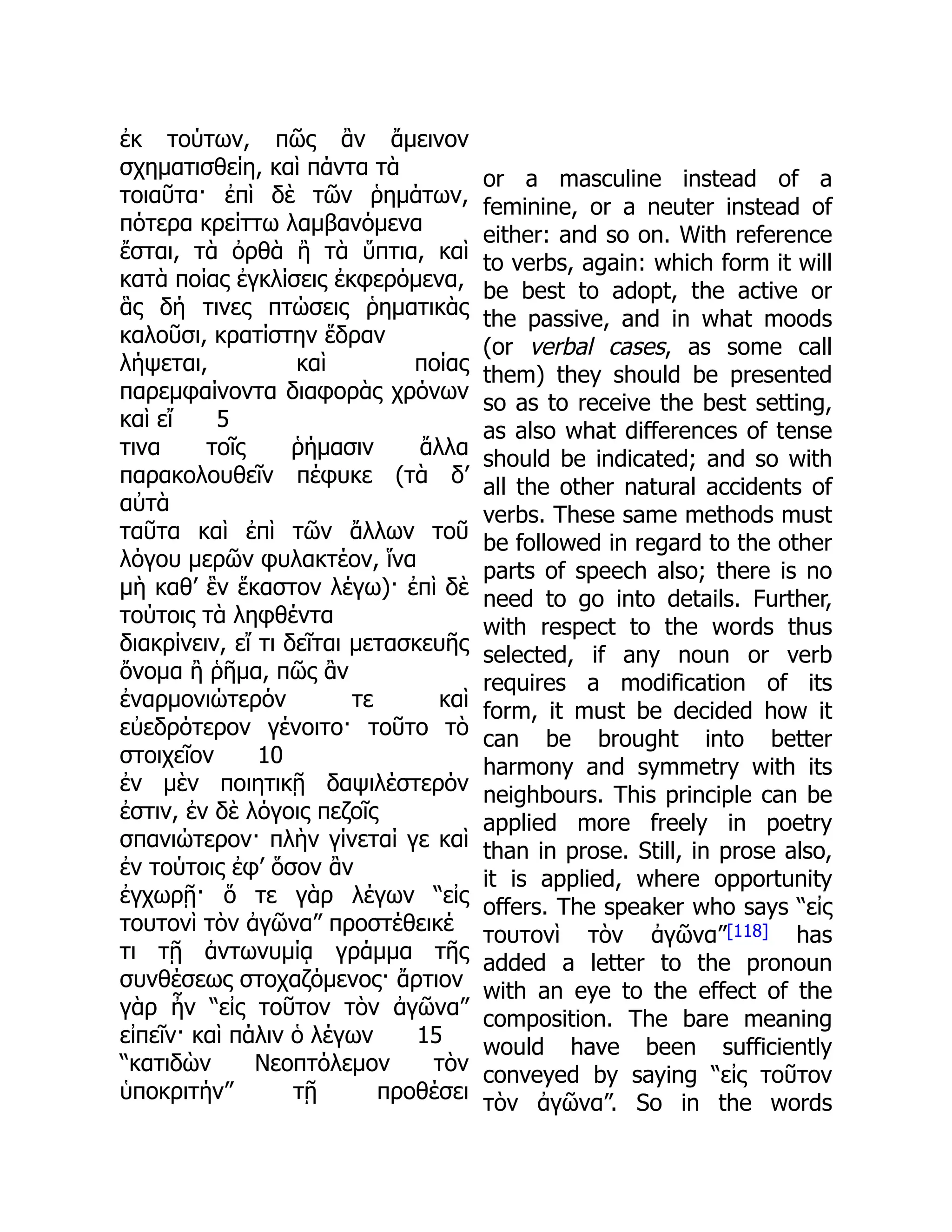 ἐκ τούτων, πῶς ἂν ἄμεινον
σχηματισθείη, καὶ πάντα τὰ
τοιαῦτα· ἐπὶ δὲ τῶν ῥημάτων,
πότερα κρείττω λαμβανόμενα
ἔσται, τὰ ὀρθὰ ἢ τὰ ὕπτια, καὶ
κατὰ ποίας ἐγκλίσεις ἐκφερόμενα,
ἃς δή τινες πτώσεις ῥηματικὰς
καλοῦσι, κρατίστην ἕδραν
λήψεται, καὶ ποίας
παρεμφαίνοντα διαφορὰς χρόνων
καὶ εἴ 5
τινα τοῖς ῥήμασιν ἄλλα
παρακολουθεῖν πέφυκε (τὰ δ’
αὐτὰ
ταῦτα καὶ ἐπὶ τῶν ἄλλων τοῦ
λόγου μερῶν φυλακτέον, ἵνα
μὴ καθ’ ἓν ἕκαστον λέγω)· ἐπὶ δὲ
τούτοις τὰ ληφθέντα
διακρίνειν, εἴ τι δεῖται μετασκευῆς
ὄνομα ἢ ῥῆμα, πῶς ἂν
ἐναρμονιώτερόν τε καὶ
εὐεδρότερον γένοιτο· τοῦτο τὸ
στοιχεῖον 10
ἐν μὲν ποιητικῇ δαψιλέστερόν
ἐστιν, ἐν δὲ λόγοις πεζοῖς
σπανιώτερον· πλὴν γίνεταί γε καὶ
ἐν τούτοις ἐφ’ ὅσον ἂν
ἐγχωρῇ· ὅ τε γὰρ λέγων “εἰς
τουτονὶ τὸν ἀγῶνα” προστέθεικέ
τι τῇ ἀντωνυμίᾳ γράμμα τῆς
συνθέσεως στοχαζόμενος· ἄρτιον
γὰρ ἦν “εἰς τοῦτον τὸν ἀγῶνα”
εἰπεῖν· καὶ πάλιν ὁ λέγων 15
“κατιδὼν Νεοπτόλεμον τὸν
ὑποκριτήν” τῇ προθέσει
or a masculine instead of a
feminine, or a neuter instead of
either: and so on. With reference
to verbs, again: which form it will
be best to adopt, the active or
the passive, and in what moods
(or verbal cases, as some call
them) they should be presented
so as to receive the best setting,
as also what differences of tense
should be indicated; and so with
all the other natural accidents of
verbs. These same methods must
be followed in regard to the other
parts of speech also; there is no
need to go into details. Further,
with respect to the words thus
selected, if any noun or verb
requires a modification of its
form, it must be decided how it
can be brought into better
harmony and symmetry with its
neighbours. This principle can be
applied more freely in poetry
than in prose. Still, in prose also,
it is applied, where opportunity
offers. The speaker who says “εἰς
τουτονὶ τὸν ἀγῶνα”[118] has
added a letter to the pronoun
with an eye to the effect of the
composition. The bare meaning
would have been sufficiently
conveyed by saying “εἰς τοῦτον
τὸν ἀγῶνα”. So in the words
 