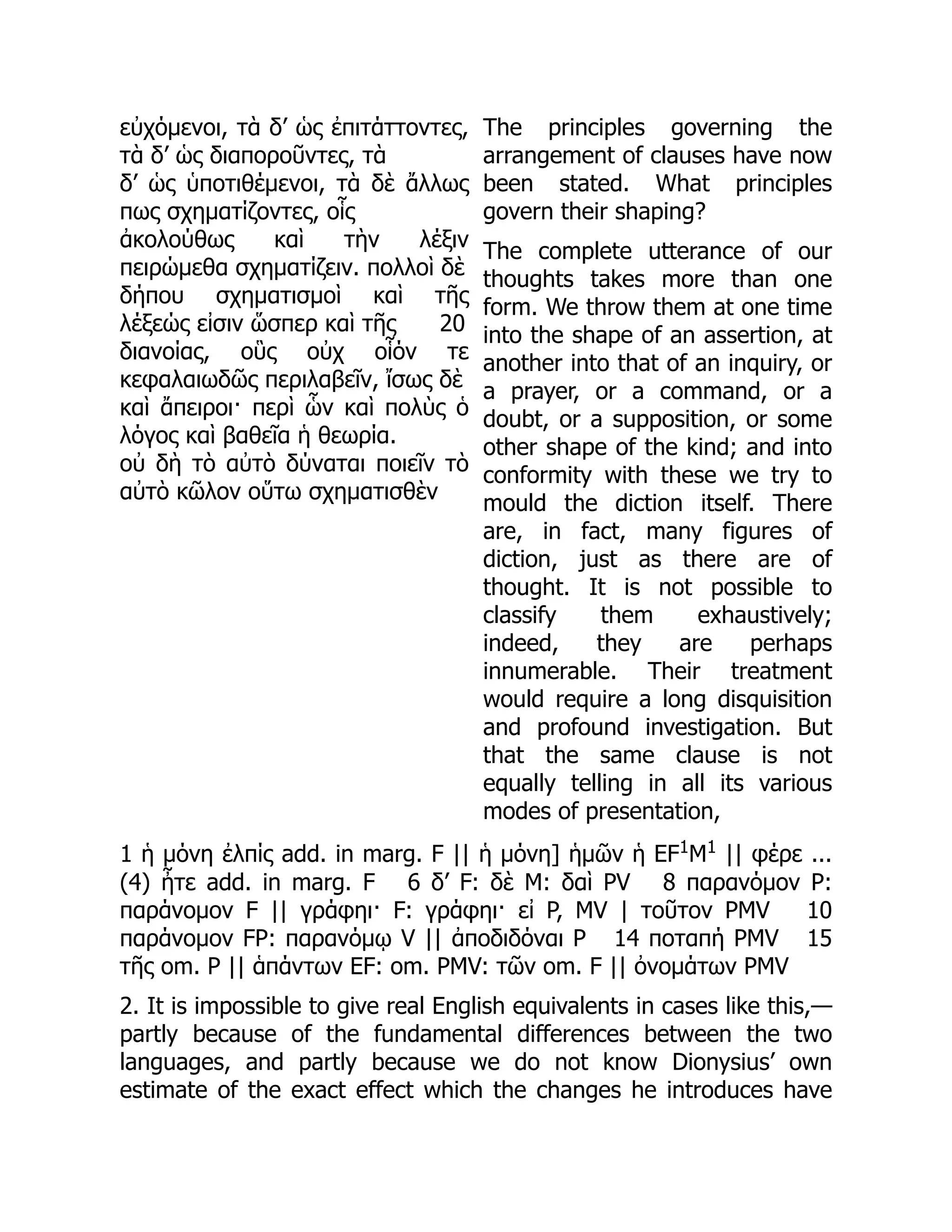 εὐχόμενοι, τὰ δ’ ὡς ἐπιτάττοντες,
τὰ δ’ ὡς διαποροῦντες, τὰ
δ’ ὡς ὑποτιθέμενοι, τὰ δὲ ἄλλως
πως σχηματίζοντες, οἷς
ἀκολούθως καὶ τὴν λέξιν
πειρώμεθα σχηματίζειν. πολλοὶ δὲ
δήπου σχηματισμοὶ καὶ τῆς
λέξεώς εἰσιν ὥσπερ καὶ τῆς 20
διανοίας, οὓς οὐχ οἷόν τε
κεφαλαιωδῶς περιλαβεῖν, ἴσως δὲ
καὶ ἄπειροι· περὶ ὧν καὶ πολὺς ὁ
λόγος καὶ βαθεῖα ἡ θεωρία.
οὐ δὴ τὸ αὐτὸ δύναται ποιεῖν τὸ
αὐτὸ κῶλον οὕτω σχηματισθὲν
The principles governing the
arrangement of clauses have now
been stated. What principles
govern their shaping?
The complete utterance of our
thoughts takes more than one
form. We throw them at one time
into the shape of an assertion, at
another into that of an inquiry, or
a prayer, or a command, or a
doubt, or a supposition, or some
other shape of the kind; and into
conformity with these we try to
mould the diction itself. There
are, in fact, many figures of
diction, just as there are of
thought. It is not possible to
classify them exhaustively;
indeed, they are perhaps
innumerable. Their treatment
would require a long disquisition
and profound investigation. But
that the same clause is not
equally telling in all its various
modes of presentation,
1 ἡ μόνη ἐλπίς add. in marg. F || ἡ μόνη] ἡμῶν ἡ EF1
M1
|| φέρε ...
(4) ἦτε add. in marg. F 6 δ’ F: δὲ M: δαὶ PV 8 παρανόμον P:
παράνομον F || γράφηι· F: γράφηι· εἰ P, MV | τοῦτον PMV 10
παράνομον FP: παρανόμῳ V || ἀποδιδόναι P 14 ποταπή PMV 15
τῆς om. P || ἁπάντων EF: om. PMV: τῶν om. F || ὀνομάτων PMV
2. It is impossible to give real English equivalents in cases like this,—
partly because of the fundamental differences between the two
languages, and partly because we do not know Dionysius’ own
estimate of the exact effect which the changes he introduces have
 
