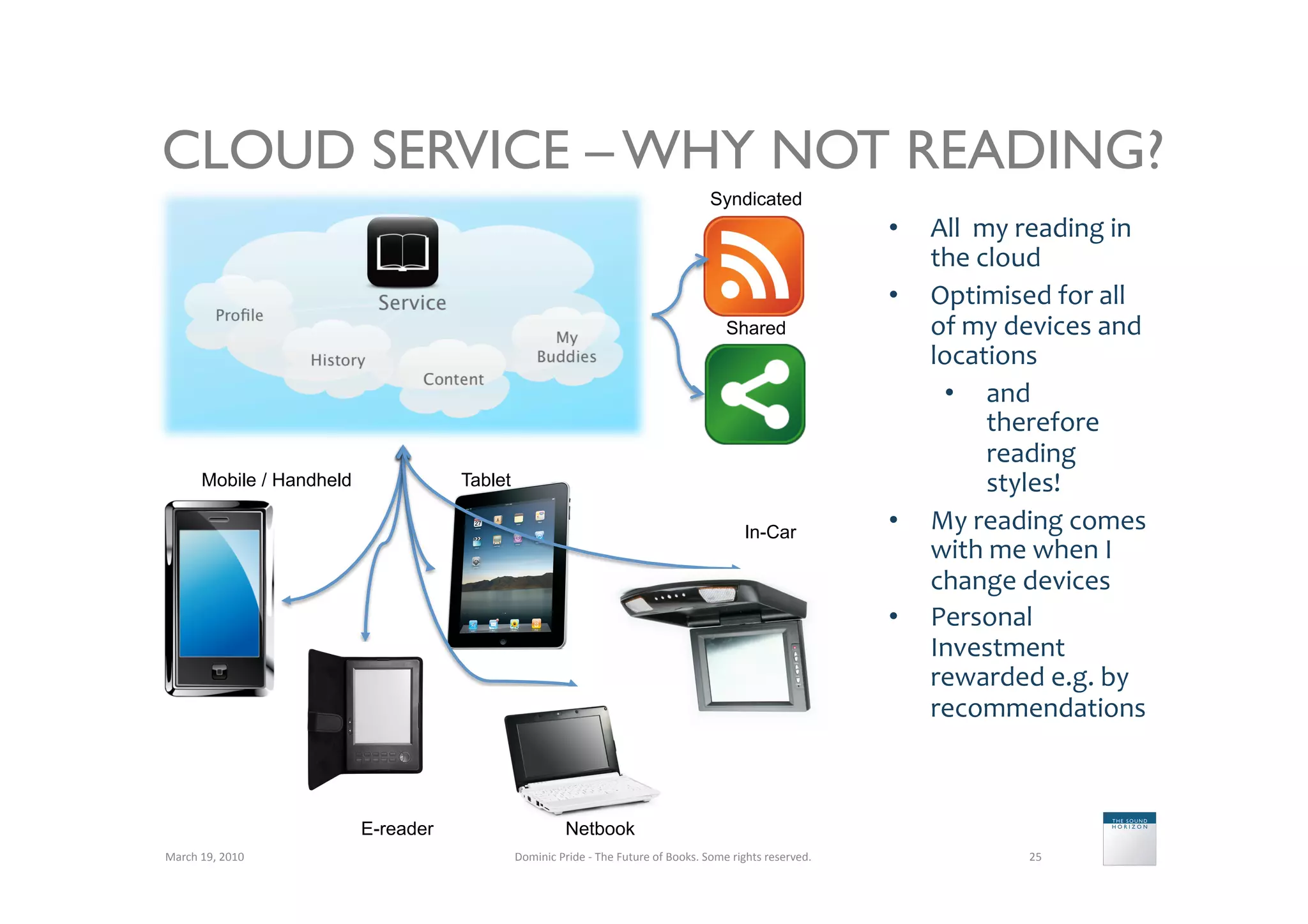 CLOUD SERVICE – WHY NOT READING?
                                                                                                             Syndicated
                                                                                                                                                •    All	
  	
  my	
  reading	
  in	
  
                                                                                                                                                     the	
  cloud	
  
                                                                                                                                                •    Optimised	
  for	
  all	
  
                                                                                                                  Shared                             of	
  my	
  devices	
  and	
  
                                                                                                                                                     locations	
  
                                                                                                                                                      •  and	
  
                                                                                                                                                                 therefore	
  
                                                                                                                                                                 reading	
  
          Mobile / Handheld              Tablet                                                                                                                  styles!	
  
                                                                                                                       In-Car                   •    My	
  reading	
  comes	
  
                                                                                                                                                     with	
  me	
  when	
  I	
  
                                                                                                                                                     change	
  devices	
  
                                                                                                                                                •    Personal	
  
                                                                                                                                                     Investment	
  
                                                                                                                                                     rewarded	
  e.g.	
  by	
  
                                                                                                                                                     recommendations	
  	
  



                              E-reader                           Netbook
March	
  19,	
  2010	
                            Dominic	
  Pride	
  -­‐	
  The	
  Future	
  of	
  Books.	
  Some	
  rights	
  reserved.	
                        25	
  
 