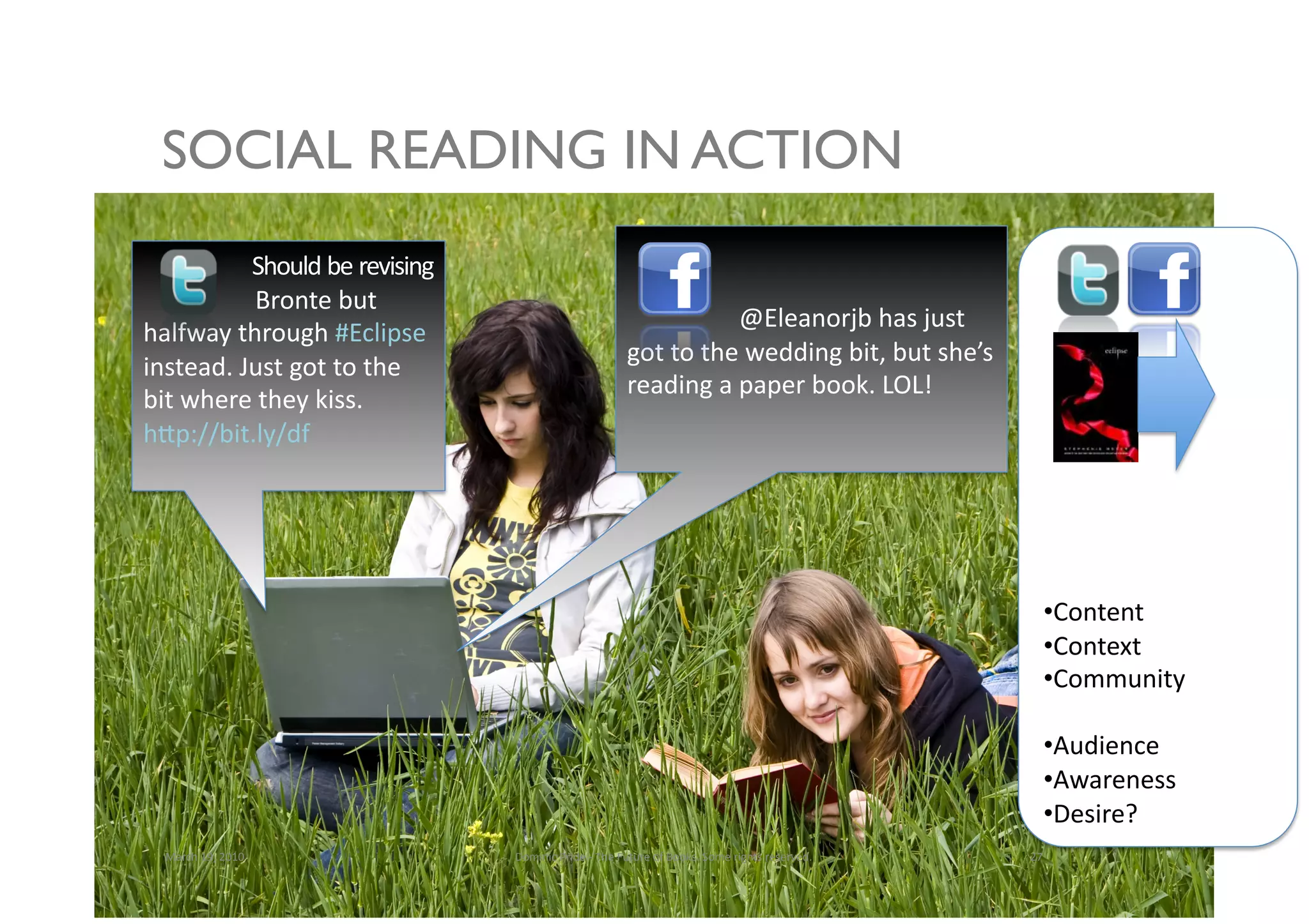 SOCIAL READING IN ACTION
        	
   	
  Should	
  be	
  revising
        	
    	
  Bronte	
  but	
  
                                                                                     	
      	
  @Eleanorjb	
  has	
  just	
  
halfway	
  through	
  #Eclipse	
  
                                                                             got	
  to	
  the	
  wedding	
  bit,	
  but	
  she’s	
  
instead.	
  Just	
  got	
  to	
  the	
  
                                                                             reading	
  a	
  paper	
  book.	
  LOL!	
  
bit	
  where	
  they	
  kiss.	
  
hfp://bit.ly/df	
  




                                                                                                                                               • Content	
  
                                                                                                                                               • Context	
  
                                                                                                                                               • Community	
  

                                                                                                                                               • Audience	
  
                                                                                                                                               • Awareness	
  
                                                                                                                                               • Desire?	
  
   March	
  19,	
  2010	
                   Dominic	
  Pride	
  -­‐	
  The	
  Future	
  of	
  Books.	
  Some	
  rights	
  reserved.	
     27	
  
 