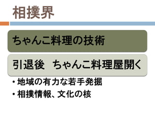 相撲界
ちゃんこ料理の技術

引退後 ちゃんこ料理屋開く
• 地域の有力な若手発掘
• 相撲情報、文化の核
 