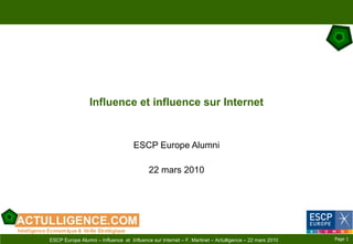 Influence et influence sur Internet ESCP Europe Alumni 22 mars 2010 Page    ESCP Europe Alumni – Influence  et  Influence sur Internet – F. Martinet – Actulligence – 22 mars 2010 