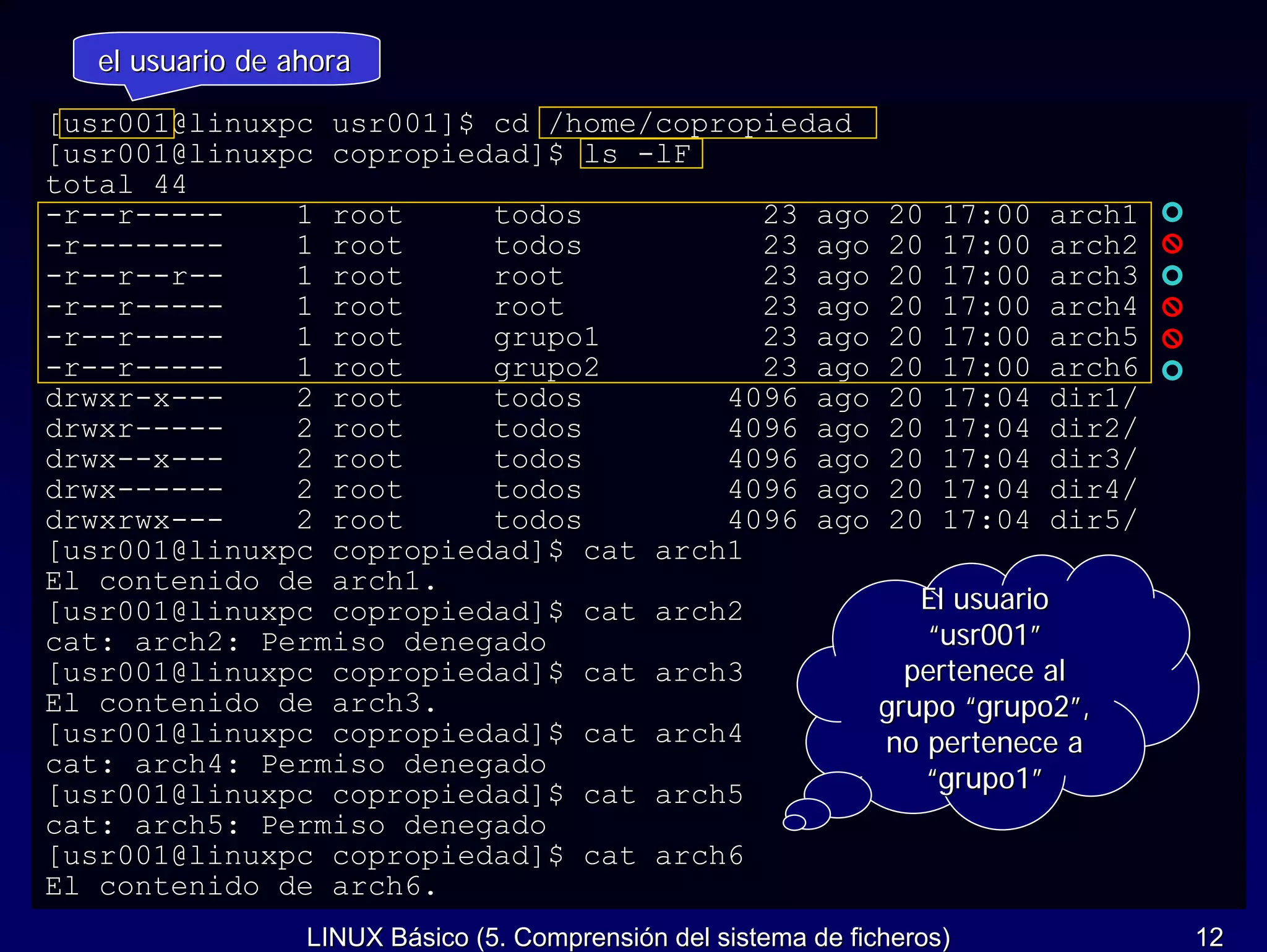el usuario de ahora

[usr001@linuxpc usr001]$ cd /home/copropiedad
[usr001@linuxpc copropiedad]$ ls -lF
total 44
-r--r-----    1 root     todos          23 ago 20 17:00 arch1
-r--------    1 root     todos          23 ago 20 17:00 arch2
-r--r--r--    1 root     root           23 ago 20 17:00 arch3
-r--r-----    1 root     root           23 ago 20 17:00 arch4
-r--r-----    1 root     grupo1         23 ago 20 17:00 arch5
-r--r-----    1 root     grupo2         23 ago 20 17:00 arch6
drwxr-x---    2 root     todos        4096 ago 20 17:04 dir1/
drwxr-----    2 root     todos        4096 ago 20 17:04 dir2/
drwx--x---    2 root     todos        4096 ago 20 17:04 dir3/
drwx------    2 root     todos        4096 ago 20 17:04 dir4/
drwxrwx---    2 root     todos        4096 ago 20 17:04 dir5/
[usr001@linuxpc copropiedad]$ cat arch1
El contenido de arch1.
[usr001@linuxpc copropiedad]$ cat arch2          El usuario
cat: arch2: Permiso denegado                      “usr001”
[usr001@linuxpc copropiedad]$ cat arch3         pertenece al
El contenido de arch3.                        grupo “grupo2”,
[usr001@linuxpc copropiedad]$ cat arch4        no pertenece a
cat: arch4: Permiso denegado
[usr001@linuxpc copropiedad]$ cat arch5           “grupo1”
cat: arch5: Permiso denegado
[usr001@linuxpc copropiedad]$ cat arch6
El contenido de arch6.
                 LINUX Básico (5. Comprensión del sistema de ficheros)   12
 