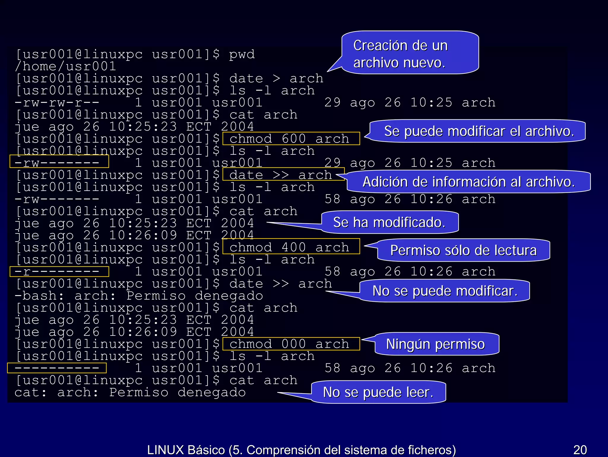 Creación de un
[usr001@linuxpc usr001]$ pwd
/home/usr001                             archivo nuevo.
[usr001@linuxpc usr001]$ date > arch
[usr001@linuxpc usr001]$ ls -l arch
-rw-rw-r--    1 usr001 usr001        29 ago 26 10:25 arch
[usr001@linuxpc usr001]$ cat arch
jue ago 26 10:25:23 ECT 2004
[usr001@linuxpc usr001]$ chmod 600 arch       Se puede modificar el archivo.
[usr001@linuxpc usr001]$ ls -l arch
-rw-------    1 usr001 usr001        29 ago 26 10:25 arch
[usr001@linuxpc usr001]$ date >> arch
[usr001@linuxpc usr001]$ ls -l arch       Adición de información al archivo.
-rw-------    1 usr001 usr001        58 ago 26 10:26 arch
[usr001@linuxpc usr001]$ cat arch
jue ago 26 10:25:23 ECT 2004          Se ha modificado.
jue ago 26 10:26:09 ECT 2004
[usr001@linuxpc usr001]$ chmod 400 arch        Permiso sólo de lectura
[usr001@linuxpc usr001]$ ls -l arch
-r--------    1 usr001 usr001        58 ago 26 10:26 arch
[usr001@linuxpc usr001]$ date >> arch
-bash: arch: Permiso denegado               No se puede modificar.
[usr001@linuxpc usr001]$ cat arch
jue ago 26 10:25:23 ECT 2004
jue ago 26 10:26:09 ECT 2004
[usr001@linuxpc usr001]$ chmod 000 arch       Ningún permiso
[usr001@linuxpc usr001]$ ls -l arch
----------    1 usr001 usr001        58 ago 26 10:26 arch
[usr001@linuxpc usr001]$ cat arch
cat: arch: Permiso denegado         No se puede leer.


                  LINUX Básico (5. Comprensión del sistema de ficheros)    20
 