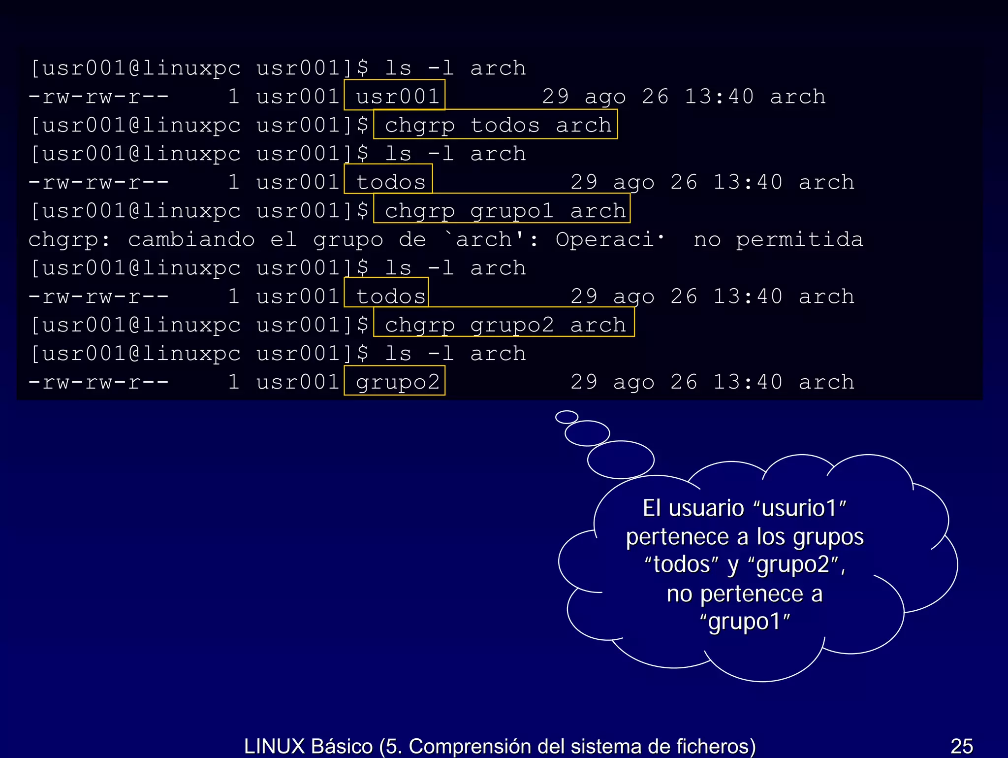 [usr001@linuxpc usr001]$ ls -l arch
-rw-rw-r--    1 usr001 usr001       29 ago 26 13:40 arch
[usr001@linuxpc usr001]$ chgrp todos arch
[usr001@linuxpc usr001]$ ls -l arch
-rw-rw-r--    1 usr001 todos          29 ago 26 13:40 arch
[usr001@linuxpc usr001]$ chgrp grupo1 arch
chgrp: cambiando el grupo de `arch': Operaci・ no permitida
[usr001@linuxpc usr001]$ ls -l arch
-rw-rw-r--    1 usr001 todos          29 ago 26 13:40 arch
[usr001@linuxpc usr001]$ chgrp grupo2 arch
[usr001@linuxpc usr001]$ ls -l arch
-rw-rw-r--    1 usr001 grupo2         29 ago 26 13:40 arch




                                                       El usuario “usurio1”
                                                      pertenece a los grupos
                                                       “todos” y “grupo2”,
                                                          no pertenece a
                                                             “grupo1”




               LINUX Básico (5. Comprensión del sistema de ficheros)           25
 