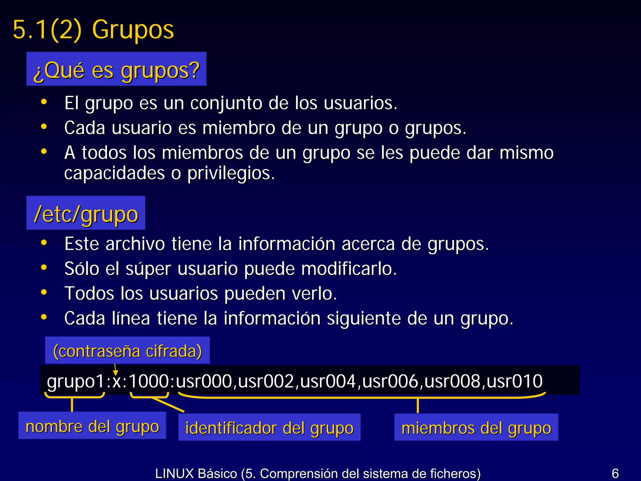 5.1(2) Grupos
 ¿Qué es grupos?
 • El grupo es un conjunto de los usuarios.
 • Cada usuario es miembro de un grupo o grupos.
 • A todos los miembros de un grupo se les puede dar mismo
     capacidades o privilegios.

 /etc/grupo
  • Este archivo tiene la información acerca de grupos.
  • Sólo el súper usuario puede modificarlo.
  • Todos los usuarios pueden verlo.
  • Cada línea tiene la información siguiente de un grupo.
    (contraseña cifrada)
   grupo1:x:1000:usr000,usr002,usr004,usr006,usr008,usr010

 nombre del grupo    identificador del grupo             miembros del grupo

                 LINUX Básico (5. Comprensión del sistema de ficheros)        6
 