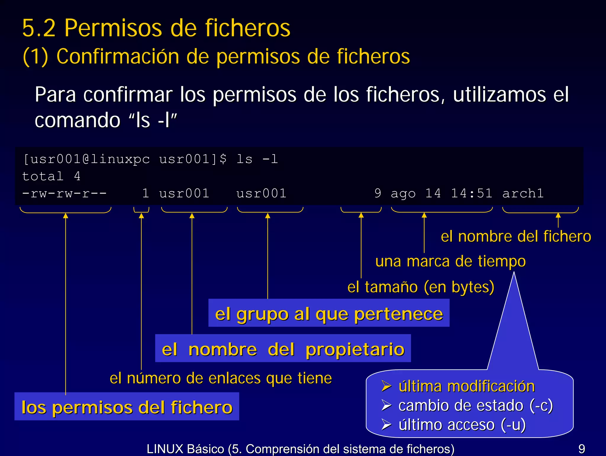 5.2 Permisos de ficheros
(1) Confirmación de permisos de ficheros
 Para confirmar los permisos de los ficheros, utilizamos el
 comando “ls -l”
[usr001@linuxpc usr001]$ ls -l
total 4
-rw-rw-r--    1 usr001   usr001                     9 ago 14 14:51 arch1


                                                                el nombre del fichero
                                                     una marca de tiempo
                                                el tamaño (en bytes)
                         el grupo al que pertenece
                 el nombre del propietario
          el número de enlaces que tiene                 última modificación
los permisos del fichero                                 cambio de estado (-c)
                                                         último acceso (-u)
              LINUX Básico (5. Comprensión del sistema de ficheros)                9
 
