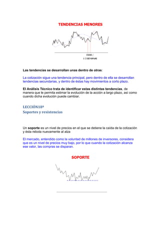 Las tendencias se desarrollan unas dentro de otras:

La cotización sigue una tendencia principal, pero dentro de ella se desarrollan
tendencias secundarias, y dentro de éstas hay movimientos a corto plazo.

El Análisis Técnico trata de identificar estas distintas tendencias, de
manera que le permita estimar la evolución de la acción a largo plazo, así como
cuando dicha evolución puede cambiar.


LECCIÓN18ª
Soportes y resistencias



Un soporte es un nivel de precios en el que se detiene la caída de la cotización
y ésta rebota nuevamente al alza

El mercado, entendido como la voluntad de millones de inversores, considera
que es un nivel de precios muy bajo, por lo que cuando la cotización alcanza
ese valor, las compras se disparan.
 