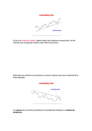 Si es una tendencia bajista: deben existir dos máximos consecutivos, de tal
manera que el segundo máximo sea inferior al primero.




Esta línea se confirma si se produce un tercer máximo que toca nuevamente la
línea dibujada.




La ruptura de una línea de tendencia normalmente anticipa un cambio de
tendencia.
 