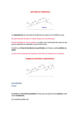 La importancia de una línea de tendencia es mayor en la medida en que:

Ha permanecido durante un mayor tiempo sin ser perforada.

Ha sido probada en más ocasiones, es decir, son numerosas las veces en las
que la cotización ha rebotado al tocar dicha línea.

Cuando una línea de tendencia es perforada con fuerza, suele cambiar su
papel:

La que venía actuando de soporte se convierte en resistencia y viceversa.




LECCIÓN20ª
Canal



El canal son dos líneas paralelas en las que una actúa como soporte y otra
como resistencia.

Los canales pueden ser:
 