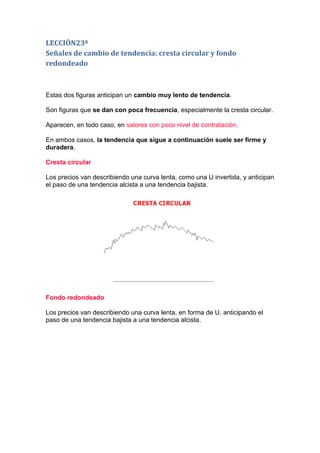 LECCIÓN23ª
Señales de cambio de tendencia: cresta circular y fondo
redondeado



Estas dos figuras anticipan un cambio muy lento de tendencia.

Son figuras que se dan con poca frecuencia, especialmente la cresta circular.

Aparecen, en todo caso, en valores con poco nivel de contratación.

En ambos casos, la tendencia que sigue a continuación suele ser firme y
duradera.

Cresta circular

Los precios van describiendo una curva lenta, como una U invertida, y anticipan
el paso de una tendencia alcista a una tendencia bajista.




Fondo redondeado

Los precios van describiendo una curva lenta, en forma de U, anticipando el
paso de una tendencia bajista a una tendencia alcista.
 