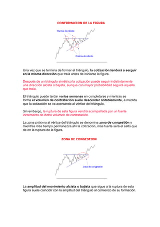 Una vez que se termina de formar el triángulo, la cotización tenderá a serguir
en la misma dirección que traía antes de iniciarse la figura.

Después de un triángulo simétrico la cotización puede seguir indistintamente
una dirección alcista o bajista, aunque con mayor probabilidad seguirá aquella
que traía.

El triángulo puede tardar varias semanas en completarse y mientras se
forma el volumen de contratación suele descender notablemente, a medida
que la cotización se va acercando al vértice del triángulo.

Sin embargo, la ruptura de esta figura vendrá acompañada por un fuerte
incremento de dicho volumen de contratación.

La zona próxima al vértice del triángulo se denomina zona de congestión y
mientras más tiempo permanezca ahí la cotización, más fuerte será el salto que
de en la ruptura de la figura.




La amplitud del movimiento alcista o bajista que sigue a la ruptura de esta
figura suele coincidir con la amplitud del triángulo al comienzo de su formación.
 