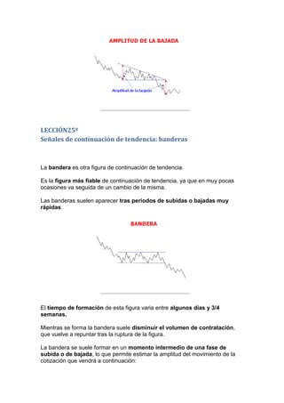LECCIÓN25ª
Señales de continuación de tendencia: banderas



La bandera es otra figura de continuación de tendencia.

Es la figura más fiable de continuación de tendencia, ya que en muy pocas
ocasiones va seguida de un cambio de la misma.

Las banderas suelen aparecer tras periodos de subidas o bajadas muy
rápidas.




El tiempo de formación de esta figura varia entre algunos días y 3/4
semanas.

Mientras se forma la bandera suele disminuir el volumen de contratación,
que vuelve a repuntar tras la ruptura de la figura.

La bandera se suele formar en un momento intermedio de una fase de
subida o de bajada, lo que permite estimar la amplitud del movimiento de la
cotización que vendrá a continuación:
 