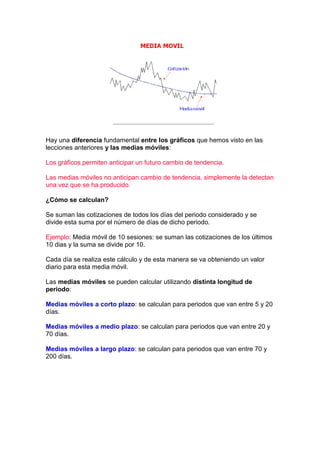 Hay una diferencia fundamental entre los gráficos que hemos visto en las
lecciones anteriores y las medias móviles:

Los gráficos permiten anticipar un futuro cambio de tendencia.

Las medias móviles no anticipan cambio de tendencia, simplemente la detectan
una vez que se ha producido.

¿Cómo se calculan?

Se suman las cotizaciones de todos los días del periodo considerado y se
divide esta suma por el número de días de dicho periodo.

Ejemplo: Media móvil de 10 sesiones: se suman las cotizaciones de los últimos
10 dias y la suma se divide por 10.

Cada día se realiza este cálculo y de esta manera se va obteniendo un valor
diario para esta media móvil.

Las medias móviles se pueden calcular utilizando distinta longitud de
periodo:

Medias móviles a corto plazo: se calculan para periodos que van entre 5 y 20
días.

Medias móviles a medio plazo: se calculan para periodos que van entre 20 y
70 días.

Medias móviles a largo plazo: se calculan para periodos que van entre 70 y
200 días.
 