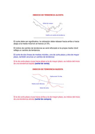 El corte debe ser significativo, la cotizazión debe rebasar hacia arriba o hacia
abajo a la media móvil en al menos un 5%.

El indicio de cambio de tendencia se verá reforzado si la propia media móvil
refleja un cambio de tendencia.

El corte de dos líneas de medias móviles, una de corto plazo y otra de mayor
plazo, también anuncia un cambio de tendencia:

Si la de corto plazo cruza hacia abajo a la de mayor plazo, es indicio del inicio
de una tendencia bajista (señal de venta).




Si la de corto plazo cruza hacia arriba a la de mayor plazo, es indicio del inicio
de una tendencia alcista (señal de compra).
 