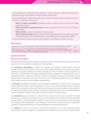 (GATISO-HD) relacionado con Factores de Riesgo en el Trabajo




  Ante la presencia de  cualquiera de estos síntomas y  signos de alarma se debe remitir al paciente a
  evaluación médica  especializada o manejo quirúrgico según el caso.
  Una vez identificados o descartados estos signos y síntomas se debe proceder a clasificar el dolor de
  hombro en cualquiera de estos grupos:
  •     Dolor de origen neurológico: plexopatía braquial, síndrome doloroso regional complejo,
        neuropatías periféricas.
  •     Dolor secundario a condiciones serias: fracturas, luxaciones, tumores, infección, artropatías
        inflamatorias.
  •     Dolor referido secundario a patología no osteomuscular.
  •     Dolor de origen mecánico: desgarros menores, síndrome de pinzamiento, bursitis subacromial, lesiones
        del manguito rotador, tendinitis del supraespinatus, inestabilidad glenohumeral, capsulitis adhesiva.
  Las recomendaciones dadas en esta Guía están dirigidas a las patologías de origen mecánico.

Nivel de evidencia
Aquellos signos o síntomas compatibles con enfermedades sistémicas o lesiones que representen un riesgo
                                                                                                              Nivel 4
potencial para la vida o la salud integral  del trabajador requieren estudios y manejos especializados.
El HD en general puede ser originado por alteraciones neurológicas, secundario a condiciones sistémicas o
                                                                                                              Nivel 4
serias, referido o de origen mecánico, siendo este el más frecuente.

Grado de recomendación C
Resumen crítico de la evidencia
El hombro doloroso tiene diversos orígenes, que incluyen todas las enfermedades, lesiones y otros deterioros
que involucren mecanismos de nocicepción como los siguientes:
Las condiciones neurológicas intrínsecas son aquellas que involucran primariamente estructuras
neurales locales del hombro, entre las cuales se encuentran: plexopatía braquial, síndrome doloroso regional
complejo y neuropatías periféricas de variadas etiologías. En la historia médica se deben sospechar si se
encuentran antecedentes de  enfermedad neurológica, diabetes, discopatía cervical degenerativa o trauma.
Característicamente se evidencian mediante el examen neurológico concienzudo del miembro superior
comprometido, incluyendo la valoración cervical, en el que se observarán alteraciones de la sensibilidad,
fuerza, trofismo muscular y/o de los reflejos osteotendinosos
Las fracturas, consideradas condiciones serias o de peligro por Mitchell y cols. (2005), son las causadas por
trauma significativo directo o por desaceleración. Los huesos sanos resisten grandes fuerzas y se rompen
solamente si son sometidos a intenso estrés deformante causado por traumatismos directos o desaceleración.
En el examen se puede encontrar hematoma o hemartrosis, deformidad consistente con fractura desplazada
y edema significativo. De igual manera, debe sospecharse si se presenta dolor en reposo.
Las luxaciones agudas, traumáticas, involucran fuerzas mayores con vectores que dañan los tejidos
blandos de una articulación más que los huesos, como el desprendimiento anterior del labrum glenoideo
o lesión anterior y posterior del labrum superior. El trauma menor no causa fractura, a menos que haya
una condición ósea predisponente como osteoporosis, osteomalacia, osteítis deformantes, osteogenesis
imperfecta. Se caracteriza por dolor con imposibilidad para la movilización del hombro.
Los tumores son raros en el hombro. Tumores óseos primarios en el humero proximal incluyen
osteoclastoma, sarcoma osteogénico, condroblastoma y condrosarcoma. Los tumores de tejidos blandos
                                                                                                                              71
 