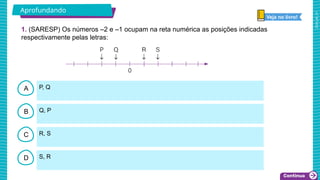 2025_AF_V1
B
C
D
A P, Q
S, R
R, S
Q, P
1. (SARESP) Os números –2 e –1 ocupam na reta numérica as posições indicadas
respectivamente pelas letras:
Aprofundando
Veja no livro!
 