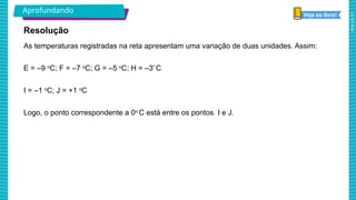 2025_AF_V1
As temperaturas registradas na reta apresentam uma variação de duas unidades. Assim:
E = –9 o
C; F = –7 o
C; G = –5 o
C; H = –3º
C
I = –1 o
C; J = +1 o
C
Logo, o ponto correspondente a 0o
C está entre os pontos I e J.
Resolução
Aprofundando
 