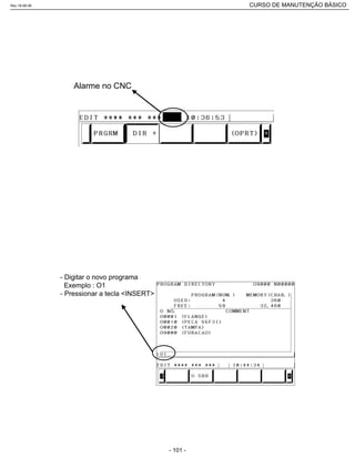 ALM
Alarme no CNC
- Digitar o novo programa
Exemplo : O1
- Pressionar a tecla <INSERT>
Rev.18-08-06 CURSO DE MANUTENÇÃO BÁSICO_________________________________________________________________________________________________________
- 101 -
 