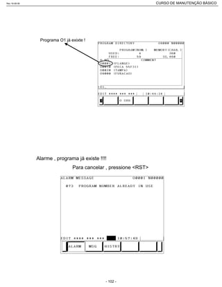 Programa O1 já exixte !
Alarme , programa já existe !!!!
ALM
Para cancelar , pressione <RST>
Rev.18-08-06 CURSO DE MANUTENÇÃO BÁSICO_________________________________________________________________________________________________________
- 102 -
 
