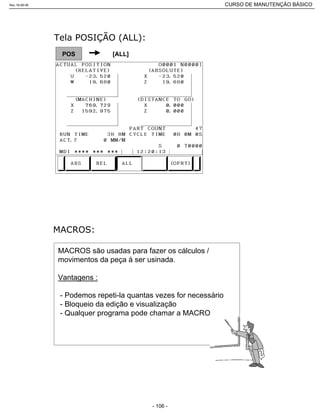 POS [ALL]
MACROS são usadas para fazer os cálculos /
movimentos da peça á ser usinada.
Vantagens :
- Podemos repeti-la quantas vezes for necessário
- Bloqueio da edição e visualização
- Qualquer programa pode chamar a MACRO
Rev.18-08-06 CURSO DE MANUTENÇÃO BÁSICO_________________________________________________________________________________________________________
- 106 -
 