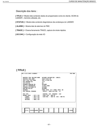[ TITLE ] = Mostra tela contendo dados do programador,nome do cliente, SCAN do
LADDER , memória utilizada, etc.
[ STATUS ] = Mostra tela contendo diagnósticos dos endereços do LADDER
[ ALARM ] = Mostra tela de alarmes do PMC
[ TRACE ] = Chama ferramenta TRACE, captura de sinais rápidos
[ I/O CHK ] = Configuração da rede I/O
Descrição dos itens :
[ TITLE ]
Rev.18-08-06 CURSO DE MANUTENÇÃO BÁSICO_________________________________________________________________________________________________________
- 61 -
 