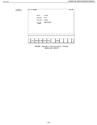 [ I/O ]
File No. , digitar # e o nome do arquivo : Exemplo :
#PMC.LAD <INPUT>
Rev.18-08-06 CURSO DE MANUTENÇÃO BÁSICO_________________________________________________________________________________________________________
- 74 -
 