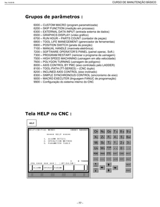 6000 – CUSTOM MACRO (program.parametrizada)
6200 – SKIP FUNCTION (medição em processo)
6300 – EXTERNAL DATA INPUT (entrada externa de dados)
6500 – GRAPHICS DISPLAY (vídeo gráfico)
6700 – RUN HOUR – PARTS COUNT (contador de peças)
6800 – TOOL LIFE MANEGEMENT (gerenciador de ferramentas)
6900 – POSITION SWITCH (janela de posição)
7100 – MANUAL HANDLE (manivela eletrônica)
7200 – SOFTWARE OPERATOR’S PANEL (painel operac. Soft.)
7300 – PROGRAM RESTART (reiniciar o programa de usinagem)
7500 – HIGH SPEED MACHINING (usinagem em alta velocidade)
7600 – POLYGON TURNING (usinagem de polígono)
8000 – AXIS CONTROL BY PMC (eixo controlado pelo LADDER)
8100 – TOOL-PATH (TT-SERIES) – (CNC duplo)
8200 – INCLINED AXIS CONTROL (eixo inclinado)
8300 – SIMPLE SYNCHRONOUS CONTROL (sincronismo de eixo)
9000 – MACRO EXECUTER (linguagem FANUC de programação)
9900 – Configuração do sistema interno do CNC
OP NQ GR 7 A 8 B 9 D
XC ZV FL 4 [ 5 ] 6SP
MI SK TJ 1 , 2 # 3 =
UH WV
EOB
E 0 * . /
POS PROG
OFFSET
SETTING CAN INPUT
SYSTEM MESSAGE CUSTOM ALTER INSERT DELET
PAGE
HELP
RESET
SHIFT
- +
PAGE
HELP
Rev.18-08-06 CURSO DE MANUTENÇÃO BÁSICO_________________________________________________________________________________________________________
- 77 -
 