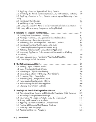 2.5. Applying a Function Against Each Array Element 48
2.6. Traversing the Results from querySelectorAll() with forEach() and call() 50
2.7. Applying a Function to Every Element in an Array and Returning a New
Array 51
2.8. Creating a Filtered Array 52
2.9. Validating Array Contents 52
2.10. Using an Associative Array to Store Form Element Names and Values 54
2.11. Using a Destructuring Assignment to Simplify Code 58
3. Functions: The JavaScript Building Blocks. . . . . . . . . . . . . . . . . . . . . . . . . . . . . . . . . . . . . . 61
3.1. Placing Your Function and Hoisting 61
3.2. Passing a Function As an Argument to Another Function 63
3.3. Implementing a Recursive Algorithm 65
3.4. Preventing Code Blocking with a Timer and a Callback 68
3.5. Creating a Function That Remembers Its State 72
3.6. Converting Function Arguments into an Array 75
3.7. Reducing Redundancy by Using a Partial Application 77
3.8. Improving Application Performance with Memoization (Caching
Calculations) 80
3.9. Using an Anonymous Function to Wrap Global Variables 82
3.10. Providing a Default Parameter 83
4. The Malleable JavaScript Object. . . . . . . . . . . . . . . . . . . . . . . . . . . . . . . . . . . . . . . . . . . . . . 85
4.1. Keeping Object Members Private 86
4.2. Using Prototype to Create Objects 87
4.3. Inheriting an Object’s Functionality 90
4.4. Extending an Object by Defining a New Property 92
4.5. Preventing Object Extensibility 94
4.6. Preventing Any Changes to an Object 95
4.7. Namespacing Your JavaScript Objects 97
4.8. Rediscovering this with Prototype.bind 100
4.9. Chaining Your Object’s Methods 103
5. JavaScript and Directly Accessing the User Interface. . . . . . . . . . . . . . . . . . . . . . . . . . . . 107
5.1. Accessing a Given Element and Finding Its Parent and Child Elements 107
5.2. Accessing All Images in the Web Page 110
5.3. Discovering All Images in Articles Using the Selectors API 116
5.4. Setting an Element’s Style Attribute 119
5.5. Applying a Striped Theme to an Unordered List 122
5.6. Finding All Elements That Share an Attribute 123
5.7. Inserting a New Paragraph 124
5.8. Adding Text to a New Paragraph 125
iv | Table of Contents
www.it-ebooks.info
 