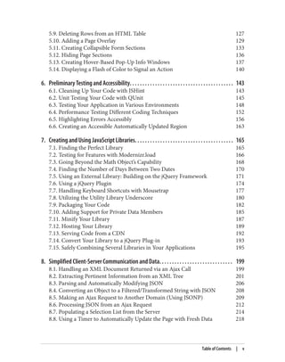 5.9. Deleting Rows from an HTML Table 127
5.10. Adding a Page Overlay 129
5.11. Creating Collapsible Form Sections 133
5.12. Hiding Page Sections 136
5.13. Creating Hover-Based Pop-Up Info Windows 137
5.14. Displaying a Flash of Color to Signal an Action 140
6. Preliminary Testing and Accessibility. . . . . . . . . . . . . . . . . . . . . . . . . . . . . . . . . . . . . . . . . 143
6.1. Cleaning Up Your Code with JSHint 143
6.2. Unit Testing Your Code with QUnit 145
6.3. Testing Your Application in Various Environments 148
6.4. Performance Testing Different Coding Techniques 152
6.5. Highlighting Errors Accessibly 156
6.6. Creating an Accessible Automatically Updated Region 163
7. Creating and Using JavaScript Libraries. . . . . . . . . . . . . . . . . . . . . . . . . . . . . . . . . . . . . . . 165
7.1. Finding the Perfect Library 165
7.2. Testing for Features with Modernizr.load 166
7.3. Going Beyond the Math Object’s Capability 168
7.4. Finding the Number of Days Between Two Dates 170
7.5. Using an External Library: Building on the jQuery Framework 171
7.6. Using a jQuery Plugin 174
7.7. Handling Keyboard Shortcuts with Mousetrap 177
7.8. Utilizing the Utility Library Underscore 180
7.9. Packaging Your Code 182
7.10. Adding Support for Private Data Members 185
7.11. Minify Your Library 187
7.12. Hosting Your Library 189
7.13. Serving Code from a CDN 192
7.14. Convert Your Library to a jQuery Plug-in 193
7.15. Safely Combining Several Libraries in Your Applications 195
8. Simplified Client-Server Communication and Data. . . . . . . . . . . . . . . . . . . . . . . . . . . . . 199
8.1. Handling an XML Document Returned via an Ajax Call 199
8.2. Extracting Pertinent Information from an XML Tree 201
8.3. Parsing and Automatically Modifying JSON 206
8.4. Converting an Object to a Filtered/Transformed String with JSON 208
8.5. Making an Ajax Request to Another Domain (Using JSONP) 209
8.6. Processing JSON from an Ajax Request 212
8.7. Populating a Selection List from the Server 214
8.8. Using a Timer to Automatically Update the Page with Fresh Data 218
Table of Contents | v
www.it-ebooks.info
 