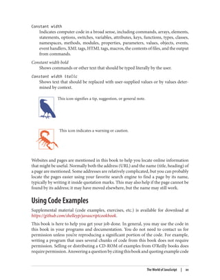 Constant width
Indicates computer code in a broad sense, including commands, arrays, elements,
statements, options, switches, variables, attributes, keys, functions, types, classes,
namespaces, methods, modules, properties, parameters, values, objects, events,
event handlers, XML tags, HTML tags, macros, the contents of files, and the output
from commands.
Constant width bold
Shows commands or other text that should be typed literally by the user.
Constant width italic
Shows text that should be replaced with user-supplied values or by values deter‐
mined by context.
This icon signifies a tip, suggestion, or general note.
This icon indicates a warning or caution.
Websites and pages are mentioned in this book to help you locate online information
that might be useful. Normally both the address (URL) and the name (title, heading) of
a page are mentioned. Some addresses are relatively complicated, but you can probably
locate the pages easier using your favorite search engine to find a page by its name,
typically by writing it inside quotation marks. This may also help if the page cannot be
found by its address; it may have moved elsewhere, but the name may still work.
Using Code Examples
Supplemental material (code examples, exercises, etc.) is available for download at
https://github.com/shelleyp/javascriptcookbook.
This book is here to help you get your job done. In general, you may use the code in
this book in your programs and documentation. You do not need to contact us for
permission unless you’re reproducing a significant portion of the code. For example,
writing a program that uses several chunks of code from this book does not require
permission. Selling or distributing a CD-ROM of examples from O’Reilly books does
requirepermission.Answeringaquestionbycitingthisbookandquotingexamplecode
The World of JavaScript | xv
www.it-ebooks.info
 