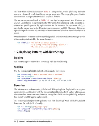 The last three escape sequences in Table 1-1 are patterns, where providing different
numeric values will result in differing escape sequences. The copyright symbol in the
solution is an example of the Unicode sequence pattern.
The escape sequences listed in Table 1-1 can also be represented as a Unicode se‐
quence. Unicode is a computing standard for consistent encoding, and a Unicode se‐
quence is a specific pattern for a given character. For instance, the horizontal tab (t),
can also be represented as the Unicode escape sequence, u0009. Of course, if the user
agent disregards the special character, as browsers do with the horizontal tab, the use is
moot.
One of the most common uses of escape sequences is to include double or single quotes
within strings delimited by the same character:
var newString = 'You can't use single quotes ' +
'in a string surrounded by single quotes.' +
'Oh, wait a sec...yes you can.';
1.5. Replacing Patterns with New Strings
Problem
You want to replace all matched substrings with a new substring.
Solution
Use the String’s replace() method, with a regular expression:
var searchString = Now is the time, this is the tame;
var re = /tw{2}e/g;
var replacement = searchString.replace(re, place);
console.log(replacement); // Now is the place, this is the place
Discussion
The solution also makes use of a global search. Using the global flag (g) with the regular
expression in combination with the String replace() method will replace all instances
of the matched text with the replacement string. If we didn’t use the global flag, only the
first match would trigger a replacement.
The literal regular expression begins and ends with a slash (/). As an alternative, I could
have used the built-in RegExp object:
var re = new RegExp('tw{2}e',g);
var replacement = searchString.replace(re,place);
console.log(p);
16 | Chapter 1: The JavaScript Not-So-Simple Building Blocks
www.it-ebooks.info
 
