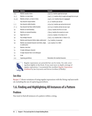 Character Matches Example
{n} Matches exactly n times /ap{2}/ matches apple but not apie
{n,} Matches n or more times /ap{2,}/ matches all p’s in apple and appple but not apie
{n,m} Matches at least n, at most m times /ap{2,4}/ matches four p’s in apppppple
. Any character except newline /a.e/ matches ape and axe
[…] Any character within brackets /a[px]e/ matches ape and axe but not ale
[^…] Any character but those within brackets /a[^px]/ matches ale but not axe or ape
b Matches on word boundary /bno/ matches the first no in nono
B Matches on nonword boundary /Bno/ matches the second no in nono
d Digits from 0 to 9 /d{3}/ matches 123 in Now in 123
D Any nondigit character /D{2,4}/ matches Now ' in ‘Now in 123;
w Matcheswordcharacter(letters,digits,underscores) /w/ matches j in javascript
W Matches any nonword character (not letters, digits,
or underscores)
/W/ matches % in 100%
n Matches a line feed
s A single whitespace character
S A single character that is not whitespace
t A tab
(x) Capturing parentheses Remembers the matched characters
Regular expressions are powerful but can be tricky. I’m only cover‐
ing them lightly in this book. If you want more in-depth coverage of
regular expressions, I recommend the excellent Regular Expressions
Cookbook by Jan Goyvaerts and Steven Levithan (O’Reilly).
See Also
Recipe 1.7 shows variations of using regular expressions with the String replace meth‐
od, including the use of capturing parenthesis.
1.6. Finding and Highlighting All Instances of a Pattern
Problem
You want to find all instances of a pattern within a string.
18 | Chapter 1: The JavaScript Not-So-Simple Building Blocks
www.it-ebooks.info
 