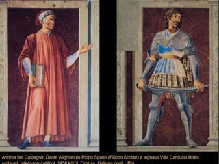 Andrea del Castagno: Dante Alighieri és Pippo Spano (Filippo Scolari) a legnaiai Villa Carducci Híres emberek falképsorozatából, 1450 körül. Firenze, Galleria degli Uffizi 