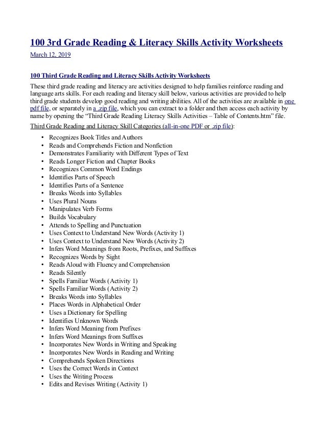 100 3rd Grade Reading And Literacy Skills Activity Worksheets 100 3rd Grade Reading And Literacy Skills Activity Worksheets