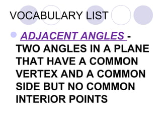 VOCABULARY LIST 
ADJACENT ANGLES - 
TWO ANGLES IN A PLANE 
THAT HAVE A COMMON 
VERTEX AND A COMMON 
SIDE BUT NO COMMON 
INTERIOR POINTS 
 