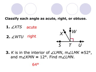 Classify each angle as acute, right, or obtuse. 
1. ÐXTS 
2. ÐWTU 
acute 
right 
3. K is in the interior of ÐLMN, mÐLMK =52°, 
and mÐKMN = 12°. Find mÐLMN. 
64° 
 