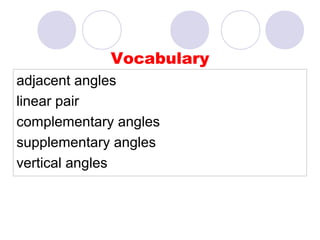 Vocabulary 
adjacent angles 
linear pair 
complementary angles 
supplementary angles 
vertical angles 
 