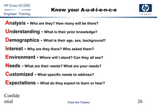 Confide
ntial 26
Engineer Training
Train the Trainer
Know your A-u-d-i-e-n-c-e
Analysis - Who are they? How many will be there?
Understanding - What is their prior knowledge?
Demographics - What is their age, sex, background?
Interest - Why are they there? Who asked them?
Environment - Where will I stand? Can they all see?
Needs - What are their needs? What are your needs?
Customized - What specific needs to address?
Expectations - What do they expect to learn or hear?
 