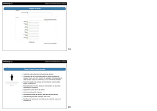 Moodle. Funcionalitats bàsiques i aplicació




                                  Creació d’usuari




                                                                                                                  19




                                                                    Moodle. Funcionalitats bàsiques i aplicació




                         Tipus d’usuari: administrador


                        Gestió del sistema (funcionament general de Moodle).
                        Configuració de les funcionalitats base que ofereix la plataforma:
                        tasques, fòrums, xats, etc., escollint les que siguin més adequades en
                        cada moment. Cada curs podrà fer ús, o no, de les eines activades.

Normalment 1 persona,   Creació d’usuaris en el campus, de forma manual i massiva. Altes,
  amb coneixements      baixes i modificacions.
       tècnics          Personalització de l’entorn, dissenys, temes gràfics, etc. Ajust dels
                        paràmetres de navegació.
                        Seguimient i control de l’ús de l’entorn.
                        Administració de perfils d’usuaris.
                        Administració remota del servidor i dels seus recursos tècnics.
                        Administració global dels continguts dels cursos.
                        Modificació de paràmetres de portada, accés, validació, seguiment,
                        estadístiques...




                                                                                                                  20
 