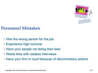 Copyright © 2011 Pearson Education, Inc. publishing as Prentice Hall 1–14
Personnel Mistakes
• Hire the wrong person for the job
• Experience high turnover
• Have your people not doing their best
• Waste time with useless interviews
• Have your firm in court because of discriminatory actions
 