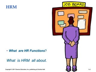 HRM
• What are HR Functions?
What is HRM all about.
Copyright © 2011 Pearson Education, Inc. publishing as Prentice Hall 1–2
 