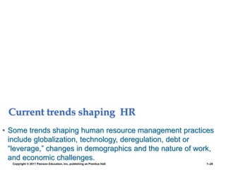 Current trends shaping HR
• Some trends shaping human resource management practices
include globalization, technology, deregulation, debt or
“leverage,” changes in demographics and the nature of work,
and economic challenges.
Copyright © 2011 Pearson Education, Inc. publishing as Prentice Hall 1–28
 