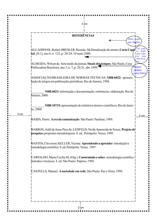 3 cm



                                       REFERÊNCIAS
                                                                                    Dois espa-
                                                                                    ços duplos

                                                                                            Um espa-
       ALCADIPANE, Rafael; BRESLER, Ricardo. McDonalização do ensino, Carta Capi-           ço duplo
       tal, [S.l.], ano 6, n. 122, p. 20-24, 10 maio 2000.                                  para sepa-
                                                                                            rar uma
                                                                                            obra da ou-
                                                                                            tra
       ALMEIDA, Wilson de. Sem medo de pensar, Sinais dos tempos, São Paulo, Casa
       Publicadora Brasileira, ano 3, n. 7, p. 20-21, abr. 1999.                  Espaço
                                                                                        simples
                                                                                        entre linhas
       ASSOCIAÇÃO BRASILEIRA DE NORMAS TÉCNICAS. NBR 6022: apresen-
       tação de artigos em publicações periódicas. Rio de Janeiro, 1994.


       ________. NBR 6023: informação e documentação: referências: elaboração. Rio de
       Janeiro, 2000.


       ________. NBR 10719: apresentação de relatórios técnico-científicos. Rio de Janei-
       ro, 2000.
3 cm
                                                                                              2 cm
       BABIN, Pierre. A era da comunicação. São Paulo: Paulinas, 1989.


       BARROS, Aidil de Jesus Paes de; LEHFELD, Neide Aparecida de Souza. Projeto de
       pesquisa: propostas metodológicas. 8. ed. Petrópolis: Vozes, 1999.


       BASTOS, Cleverson; KELLER, Vicente. Aprendendo a aprender: introdução à
       metodologia científica. 9. ed. Petrópolis: Vozes, 1997.


       CARVALHO, Maria Cecília M. (Org.). Construindo o saber: metodologia científica -
       métodos e técnicas. 4. ed. São Paulo: Papirus, 1994.


       CASTELLS, Manuel. A sociedade em rede. São Paulo: Paz e Terra, 1999.




                                            2 cm
 